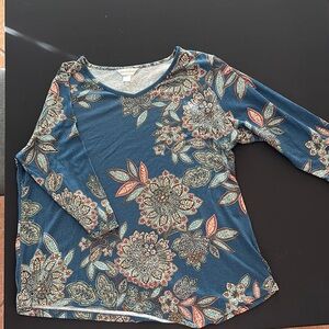 Christopher & Banks Floral Long Sleeve Blouse - Teal and Red